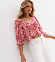 New Look Red Ditsy Floral Ruched Tie Front Peplum Blouse